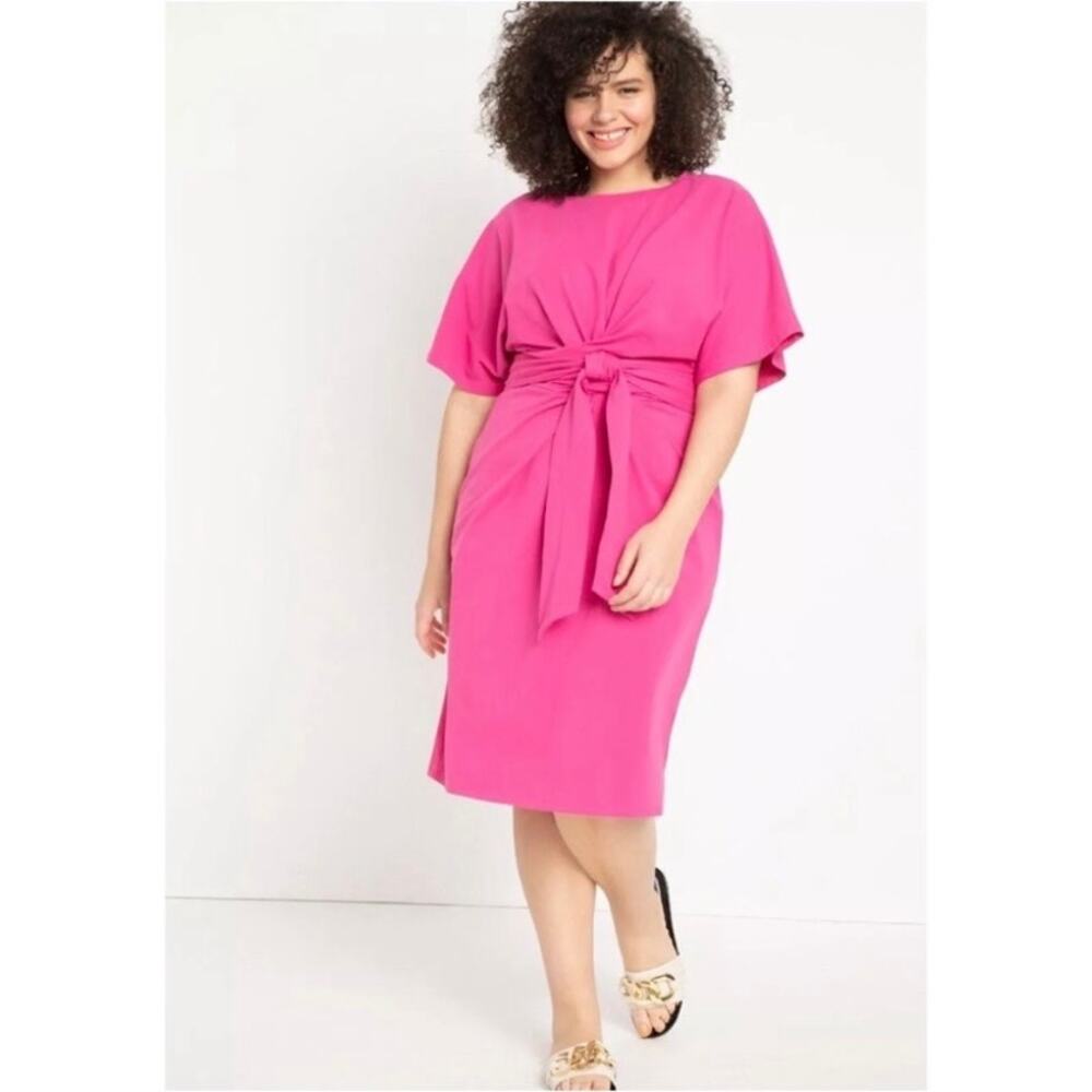 Eloquii Pink Cross Front Waist Tie Flutter Sleeve Midi Dress Sz.24W NWT - Picture 2 of 16